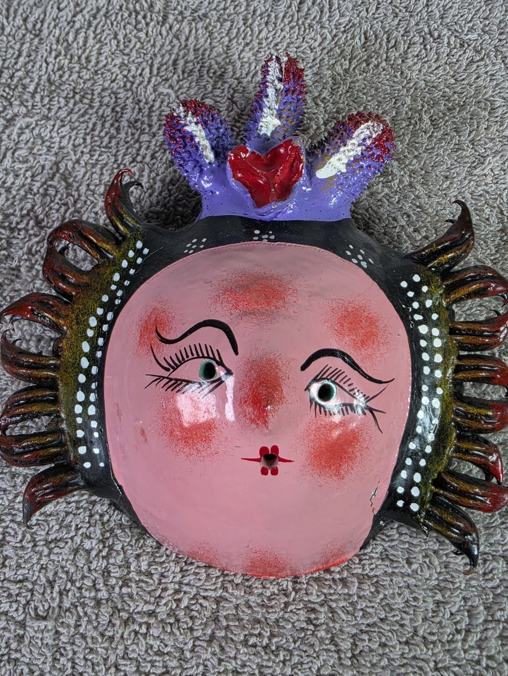Handpainted Pink Coconut Shell Sun Face Wall Art